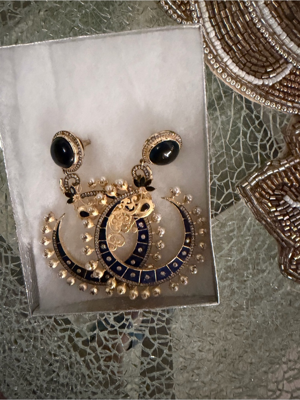 Gold and Navy Enamel Crescent Earrings with Bead Fringe